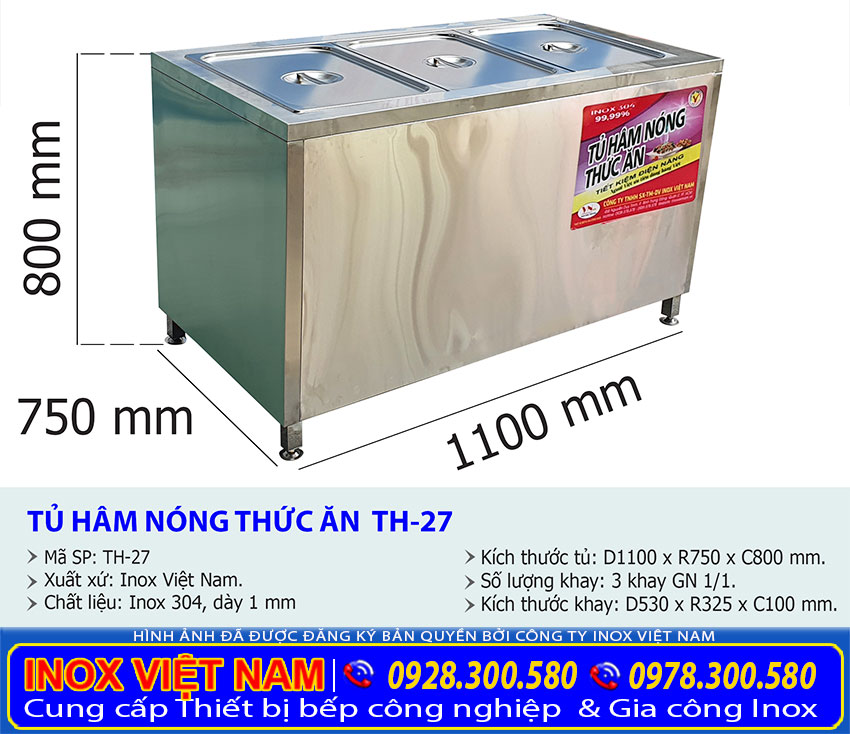 Tỷ lệ kích thước tủ hâm nóng thức ăn loại 3 khay TH-27