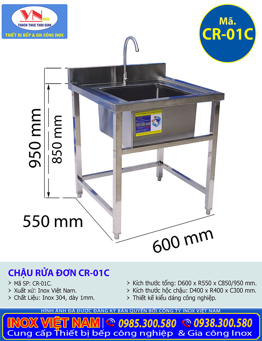 Tỷ lệ kích thước Chậu rửa inox đơn CR-01C