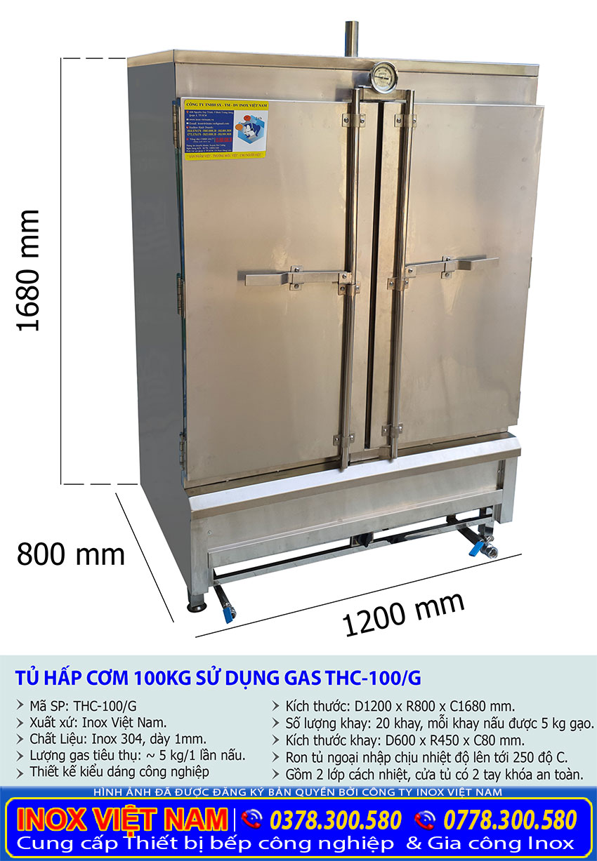 Kích thước tủ hấp cơm 100kg bằng gas