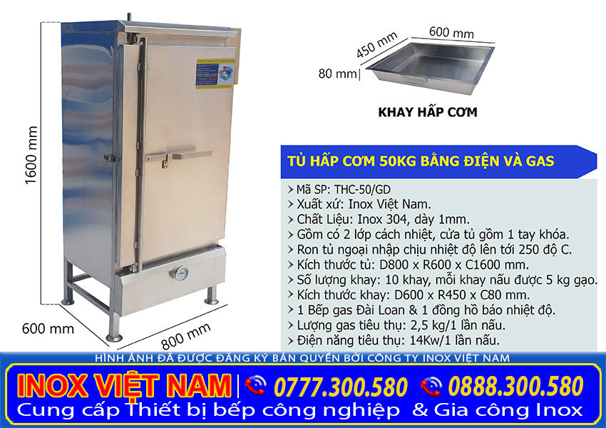Tủ nấu cơm công nghiệp 50kg bằng điện và gas