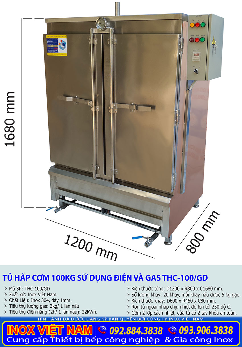 Kích thước tủ cơm công nghiệp 100kg gas và điện