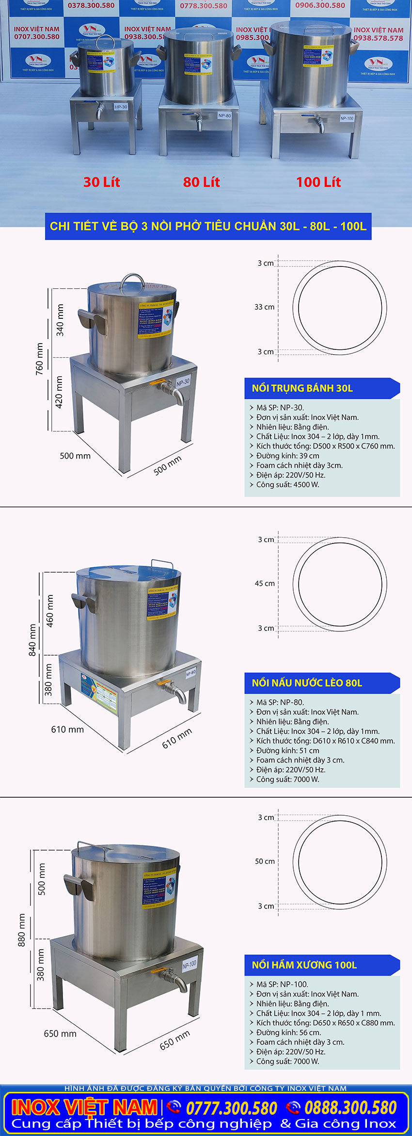 Bộ 3 nồi nấu phở liền bệ 30-80-100 lít