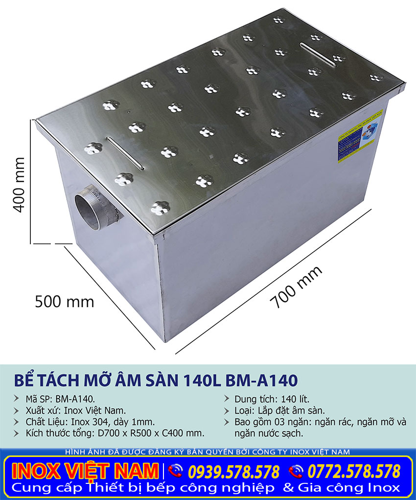 Thông số kỹ thuật bể tách mỡ nhà hàng 140L