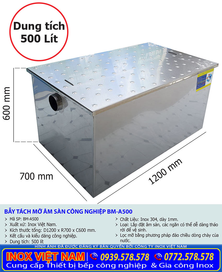 Tỷ lệ kích thước bể tách mỡ công nghiệp 500 lít BM-A500