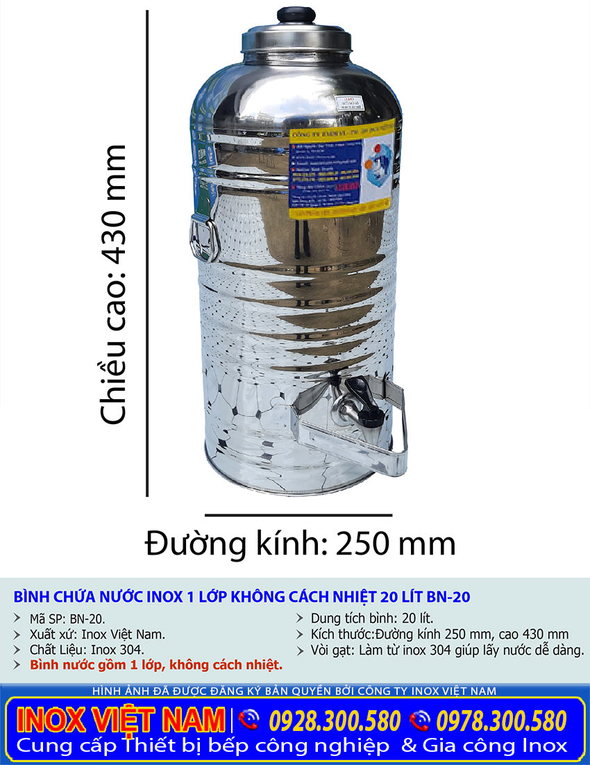 Thông số kỹ thuật bình đựng nước đá inox 20 lít có vòi gạt