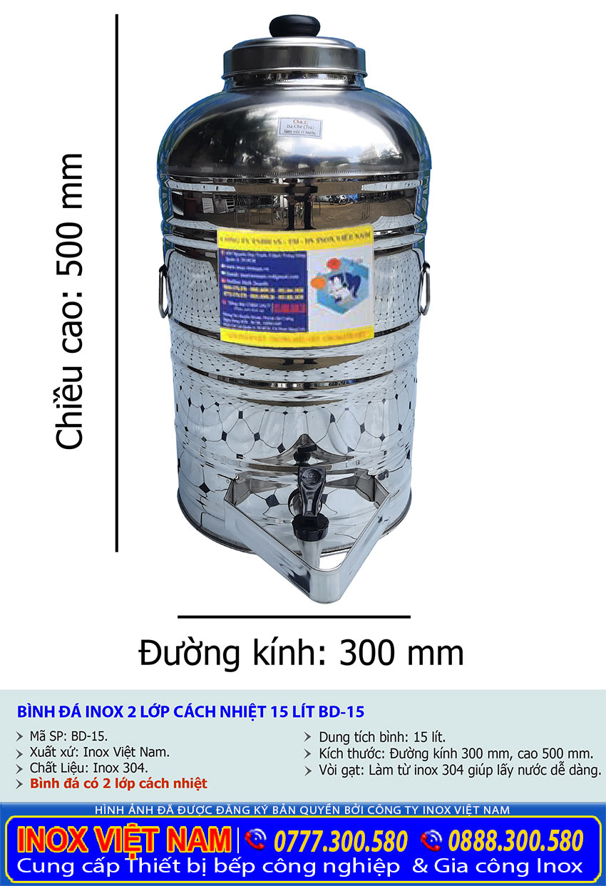 Thông số kỹ thuật bình giữ nhiệt đựng nước đá inox 2 lớp 304 15 lít