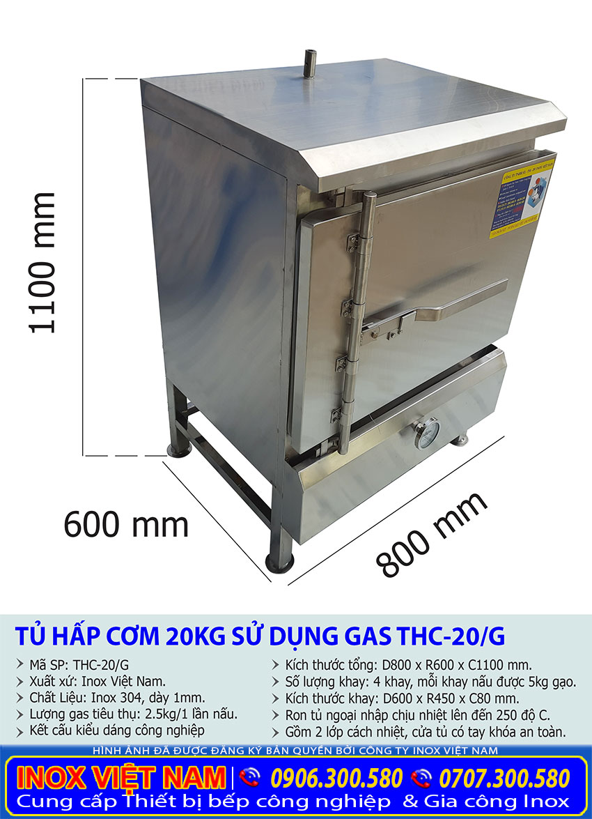 Kích thước tủ hấp cơm công nghiệp bằng gas 20kg