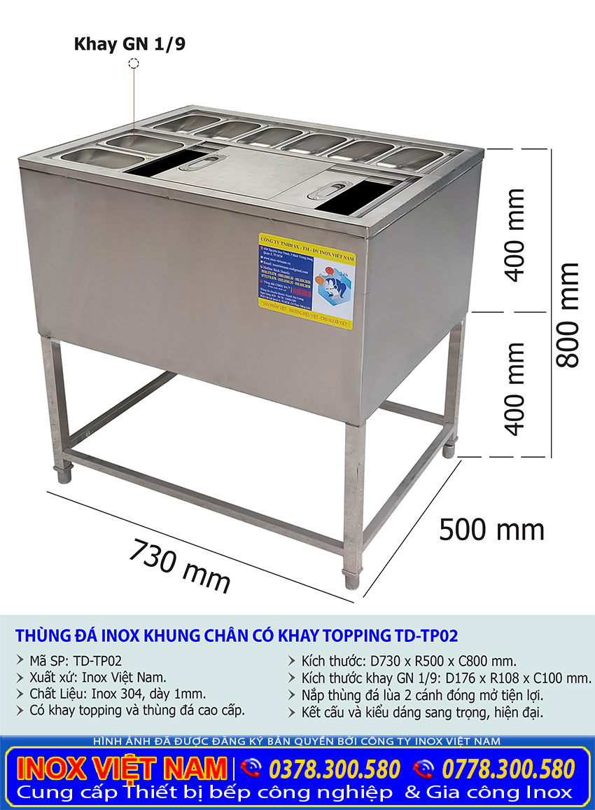Thông số kỹ thuật thùng đá inox có khay topping TD-02