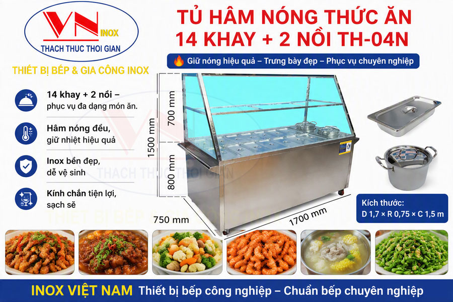 Tủ Hâm Nóng Thức Ăn 14 Khay + 2 Nồi giữ nóng hiệu quả, trưng bày đẹp