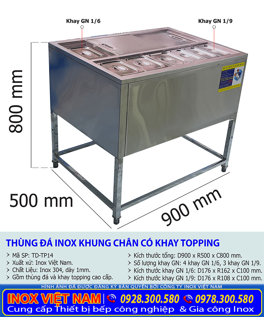 Tỷ lệ kích thước thùng đá inox có chân cao và khay topping TD-TP14