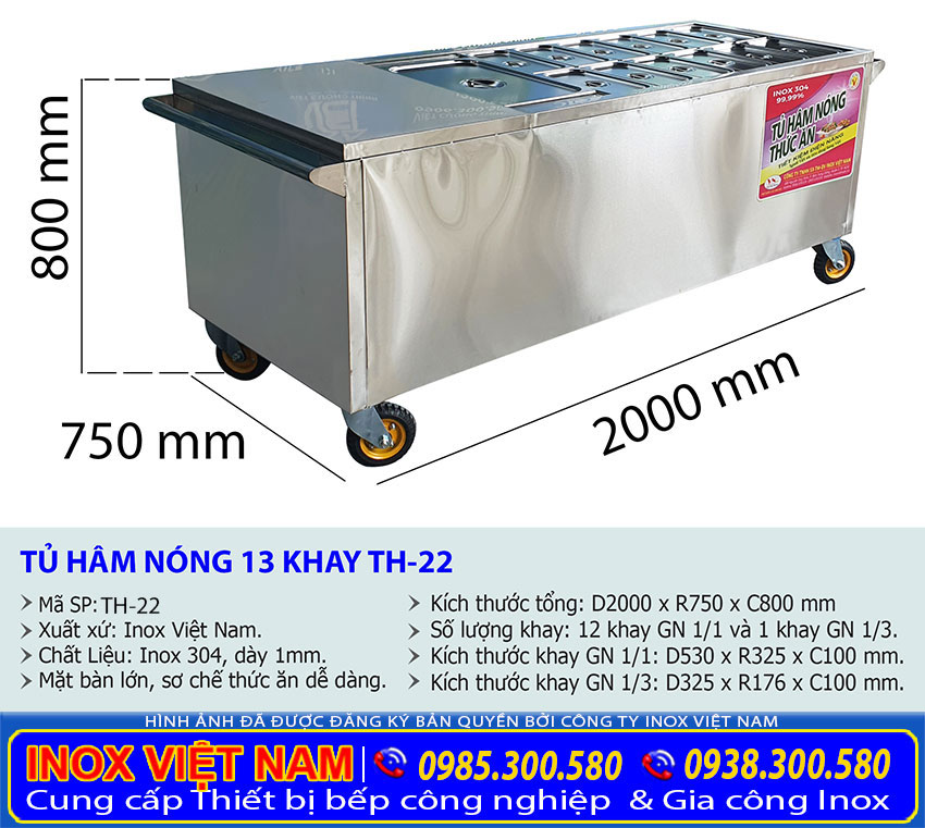 Tỷ lệ kích thước tủ giữ nóng thức ăn 13 khay TH-22