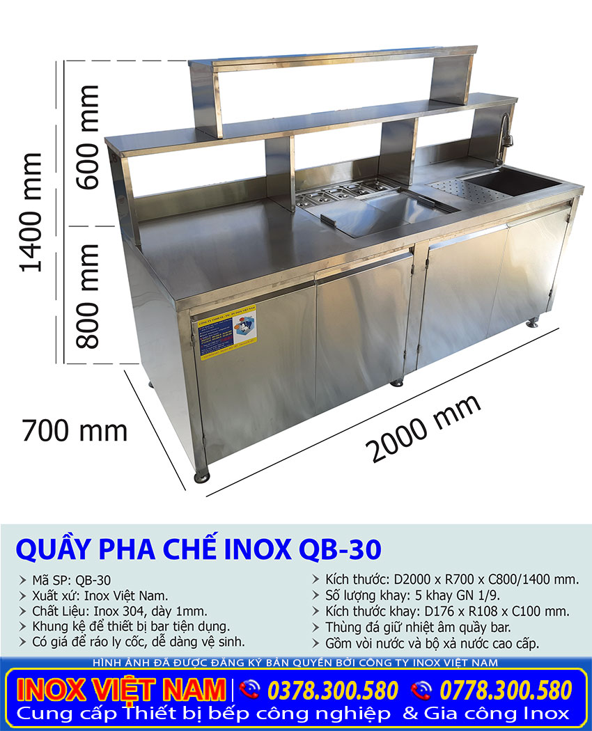 Tỷ lệ kích thước quầy pha chế inox QB-30