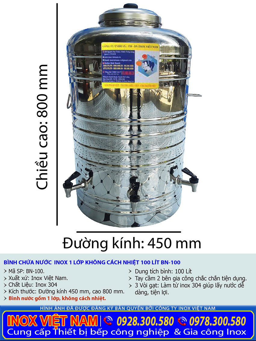 Kích thước bình đựng nước 100 lít inox 304 có 3 vòi gạt