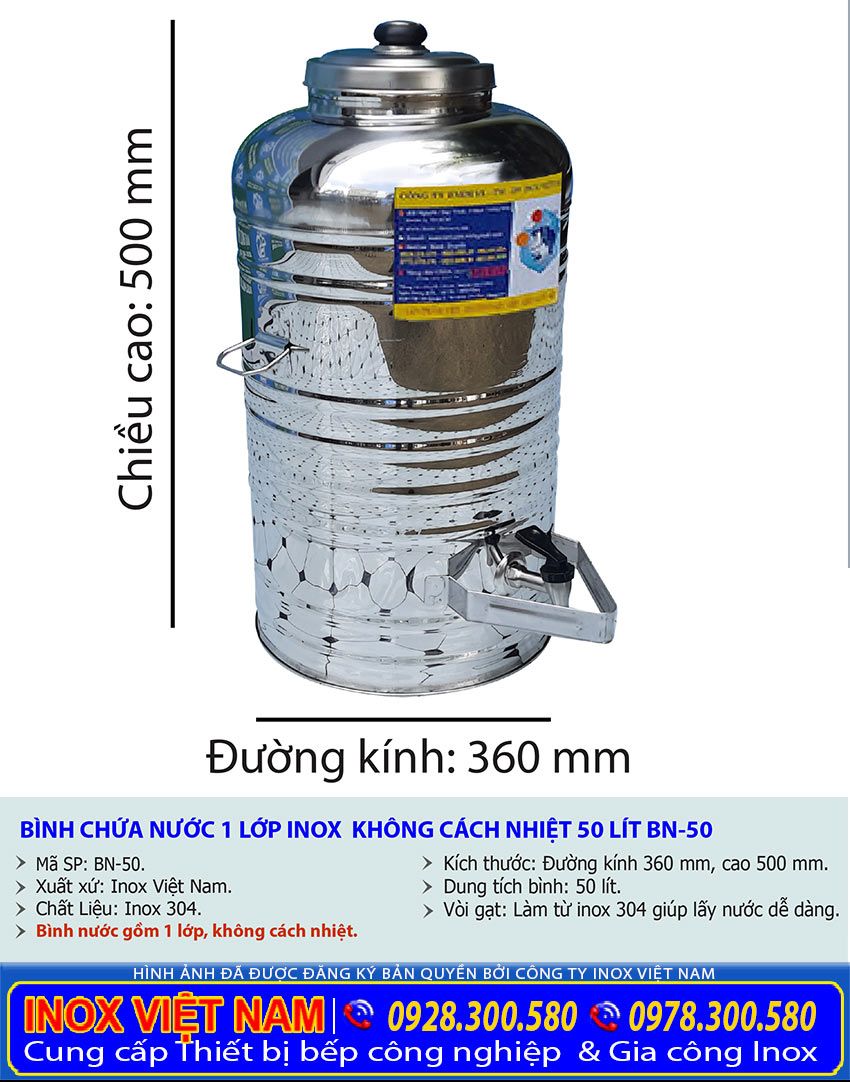 Thông số kích thước bình đựng nước inox 304 1 lớp không cách nhiệt 50l có vòi gạt