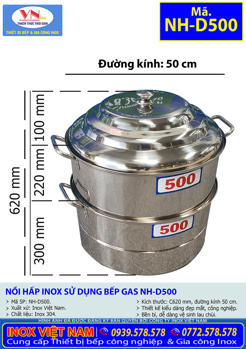 Tỷ lệ kích thước nồi xửng hấp inox sử dụng bếp gas NH-500