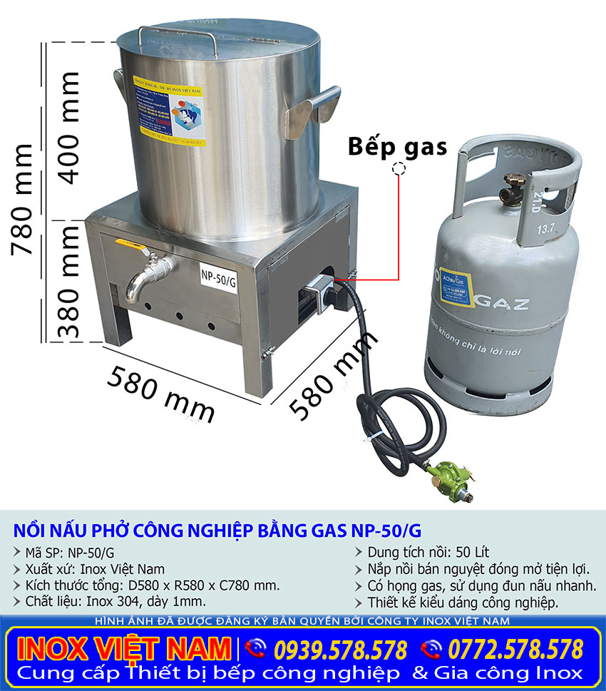 Tỷ lệ kích thước nồi nấu phở công nghiệp bằng gas NP-50/G