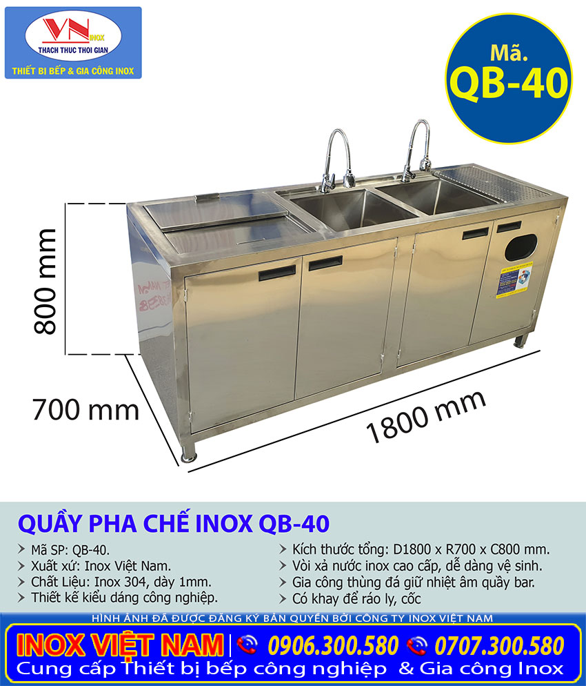 Tỷ lệ kích thước quầy pha chế inox QB-40