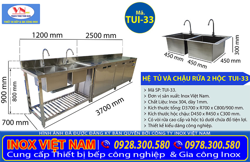 Tỷ lệ kích thước tủ và chậu rửa 2 hộc TUI-33