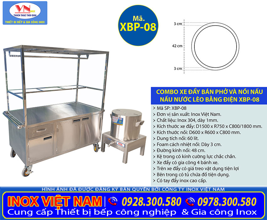 Tỷ lệ kích thước Combo Xe Đẩy Bán Phở Hủ Tiếu XBP-08