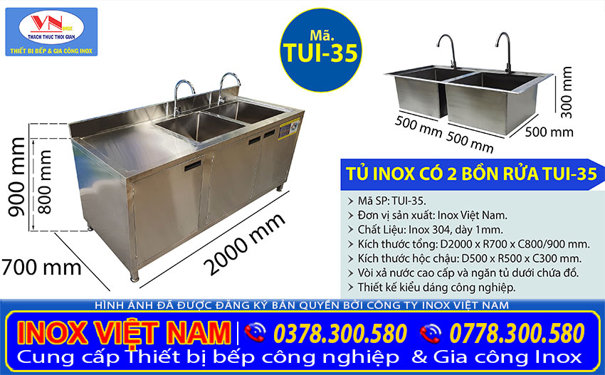 Tỷ lệ kích thước tủ inox có 2 bồn rửa TUI-35