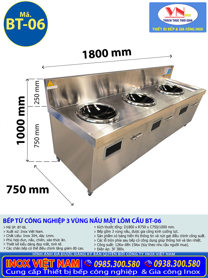 Tỷ lệ kích thước bếp từ công nghiệp 3 vùng nấu mặt lõm cầu BT-06