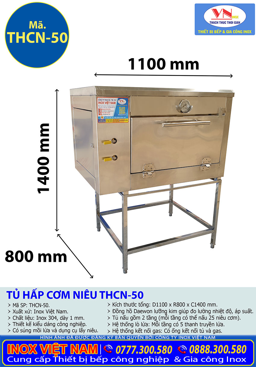 Tỷ lệ kích thước Tủ hấp cơm niêu THCN-50