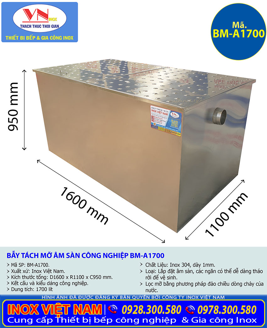 Tỷ lệ kích thước bể tách mỡ công nghiệp 1700 Lít BM-A1700