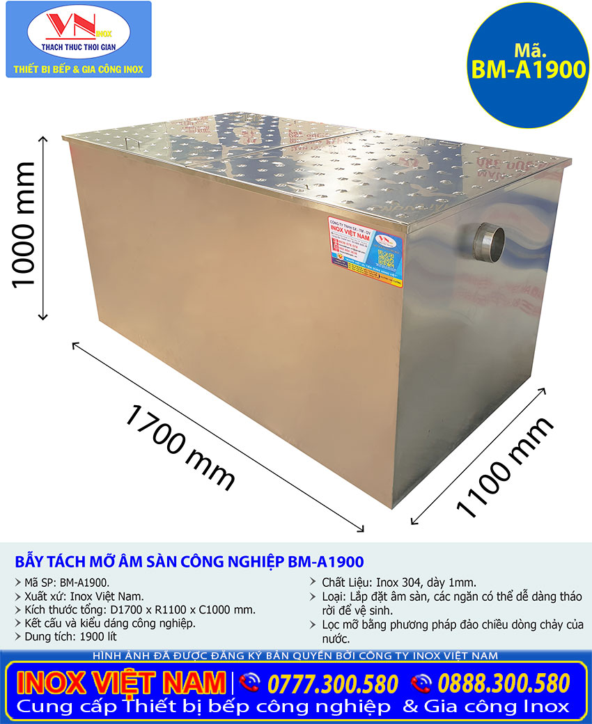 Tỷ lệ kích thước bể tách mỡ công nghiệp 1900 Lít BM-A1900