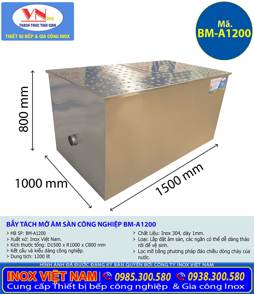 Tỷ lệ kích thước Bể Tách Mỡ Âm Sàn Công Nghiệp BM-A1200