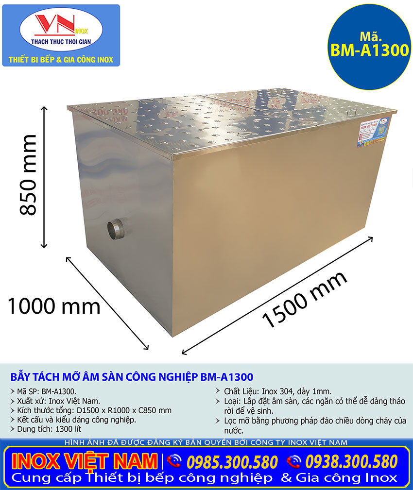 Tỷ lệ kích thước bể tách dầu mỡ công nghiệp âm sàn BM-A1300