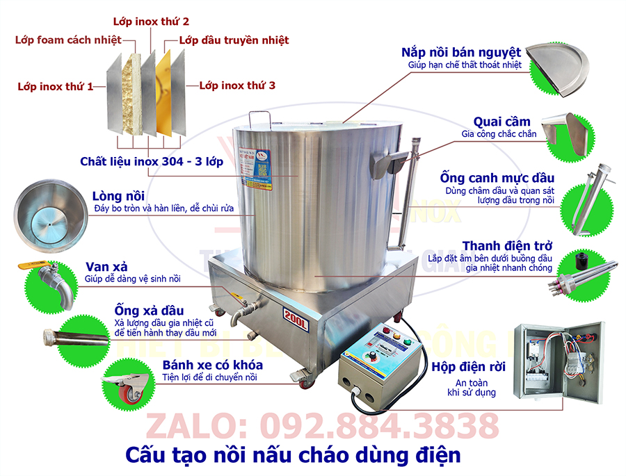Cấu tạo nồi nấu cháo, nồi nấu cháo công nghiệp Inox Việt Nam