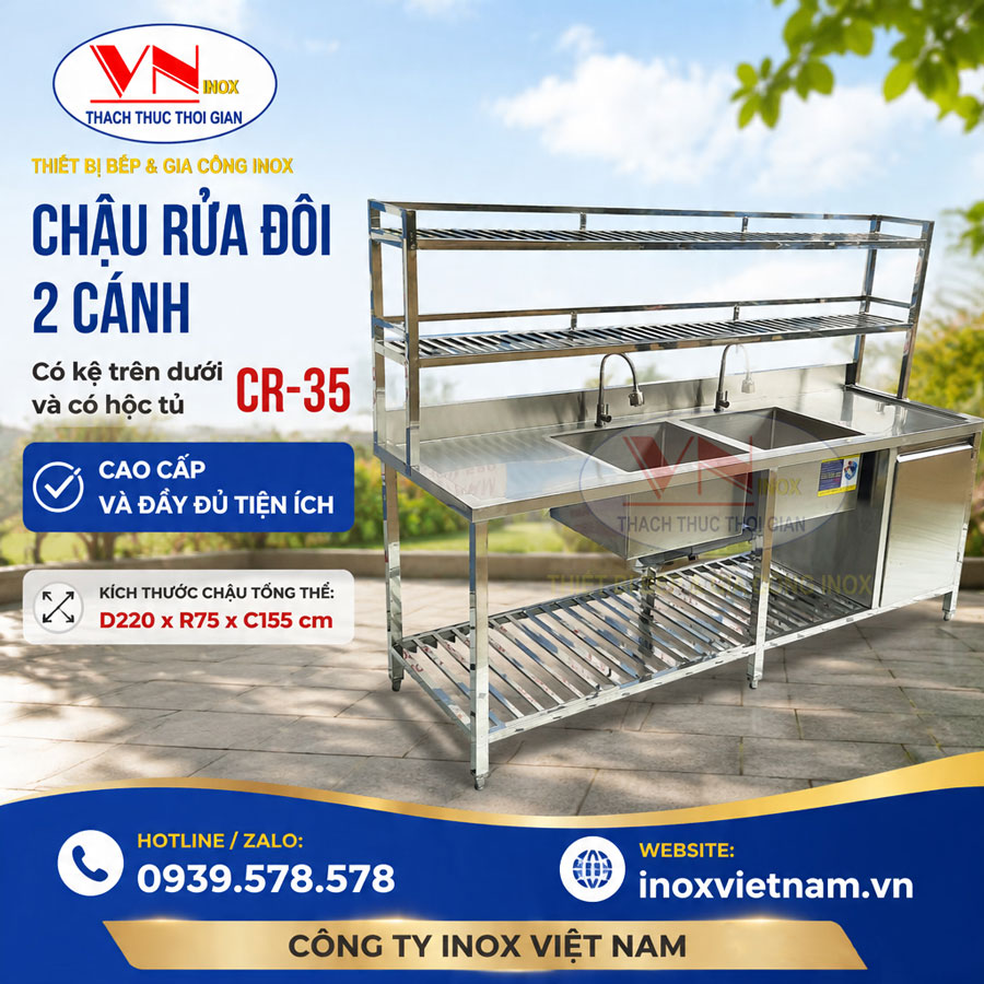 Bồn rửa đôi 2 cánh có kệ trên dưới và hộc tủ CR-35